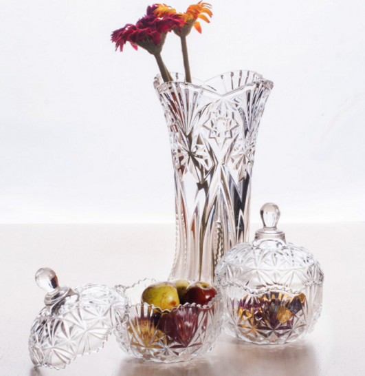玻璃花瓶糖果盅三件套